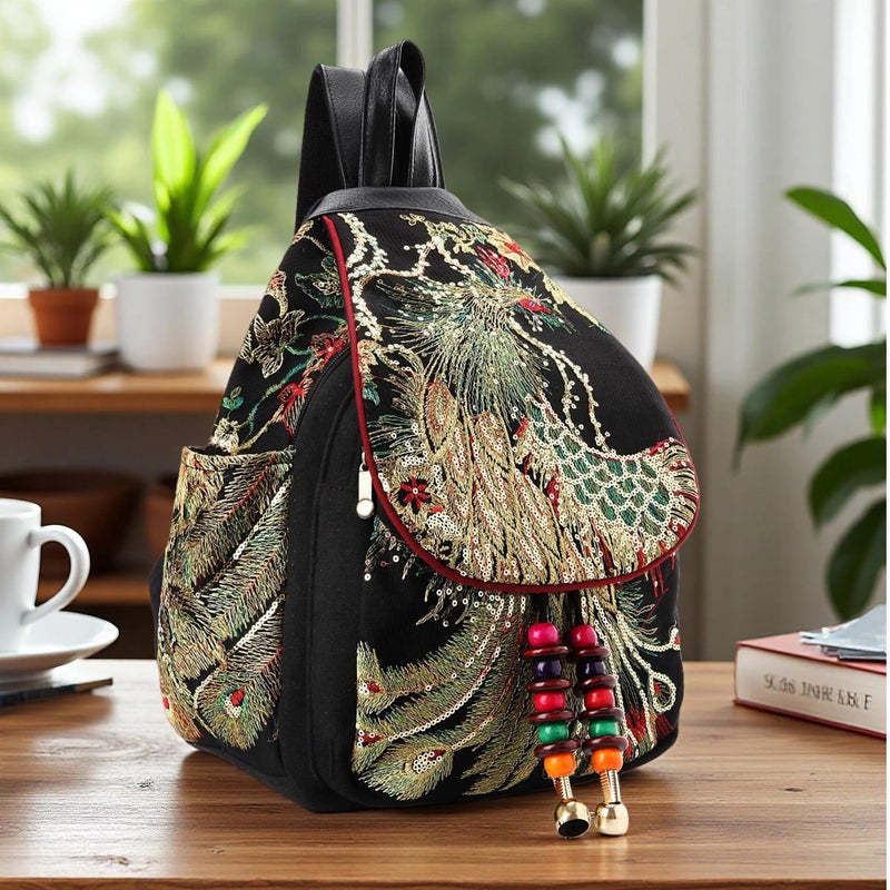 Goodhan Vintage Phoenix Sequins Embroideried Women Backpack Daypack Travel Shoulder Bag One_Size Style 01: Black - Image 2